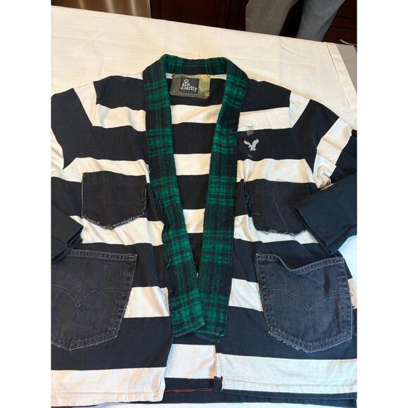 Sin Clarity Black & White Striped Shacket with Plaid Collar Upcycled - Picture 3 of 12